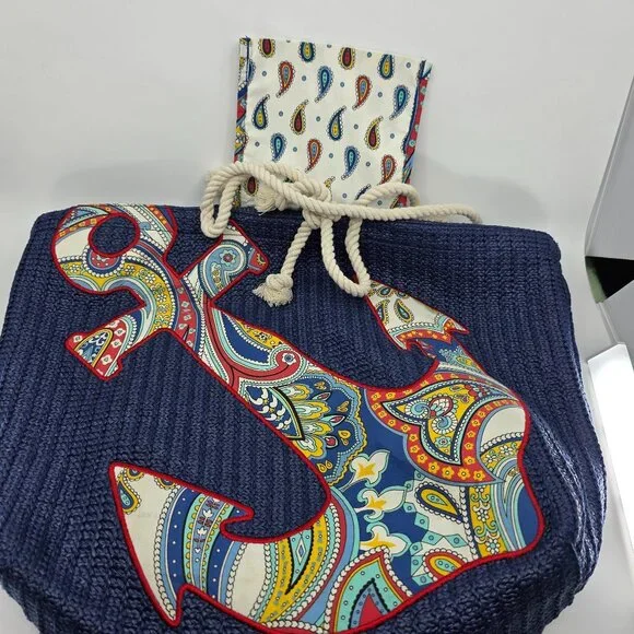 Vera Bradley Navy Straw Anchor Beach Tote - Picture 7 of 8